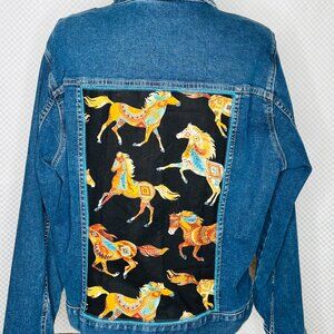 UpCycled Jean Jacket with concho, teal leather and horse print accents XL